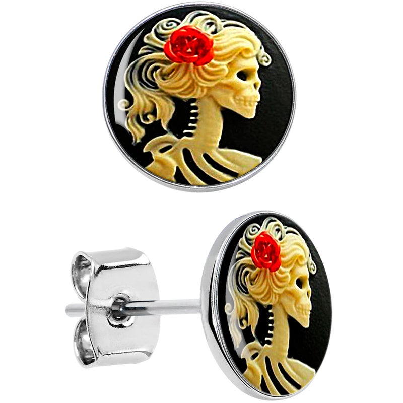 Body Candy Red Rose Skull Skeleton Stud Earrings - Stainless Steel Earrings for Halloween, Day of the Dead - Image 1